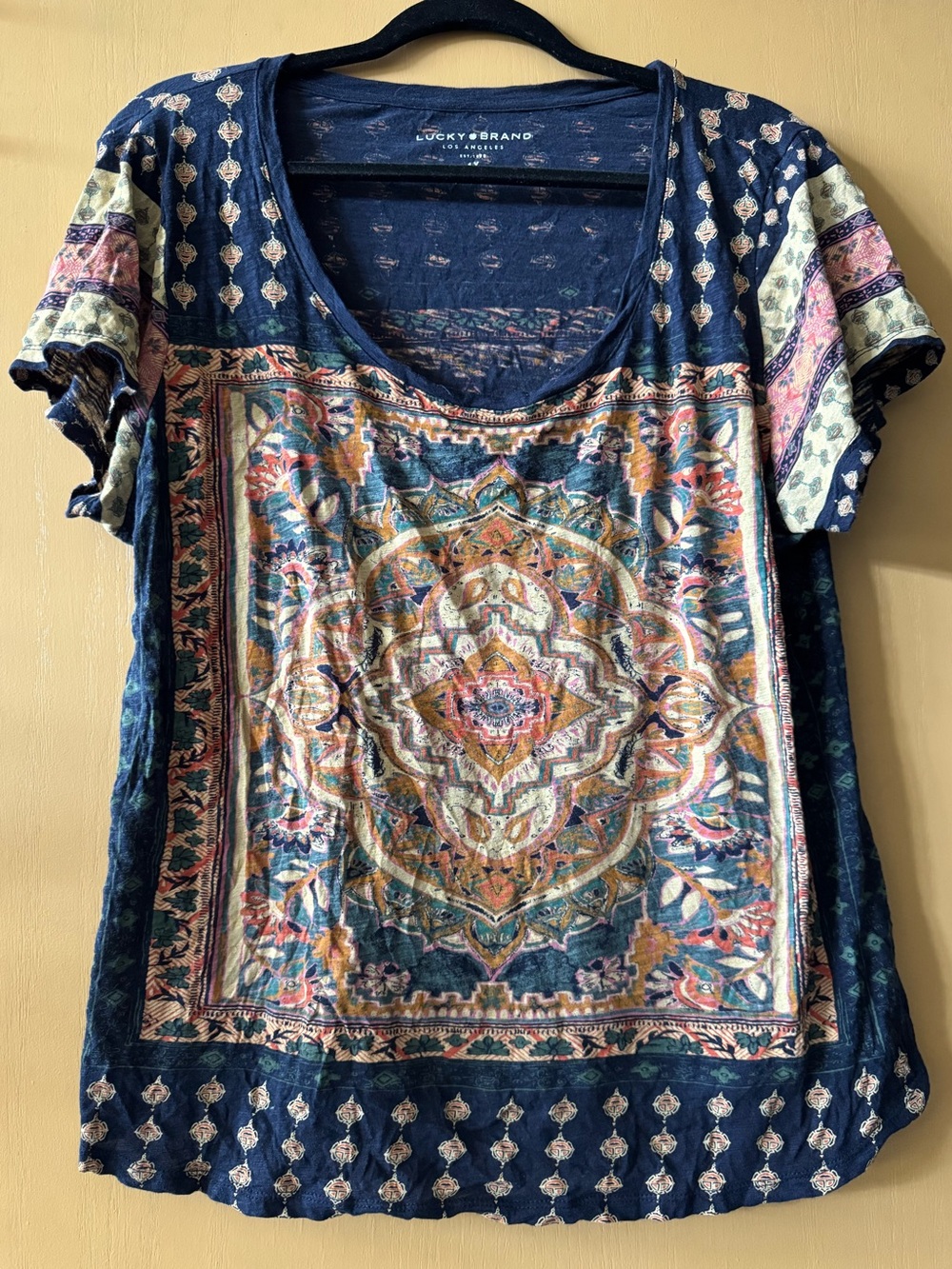 Lucky Brand Los Angeles 1X 100% Cotton Scoop Neck Boho Bohemian Tee T Shirt